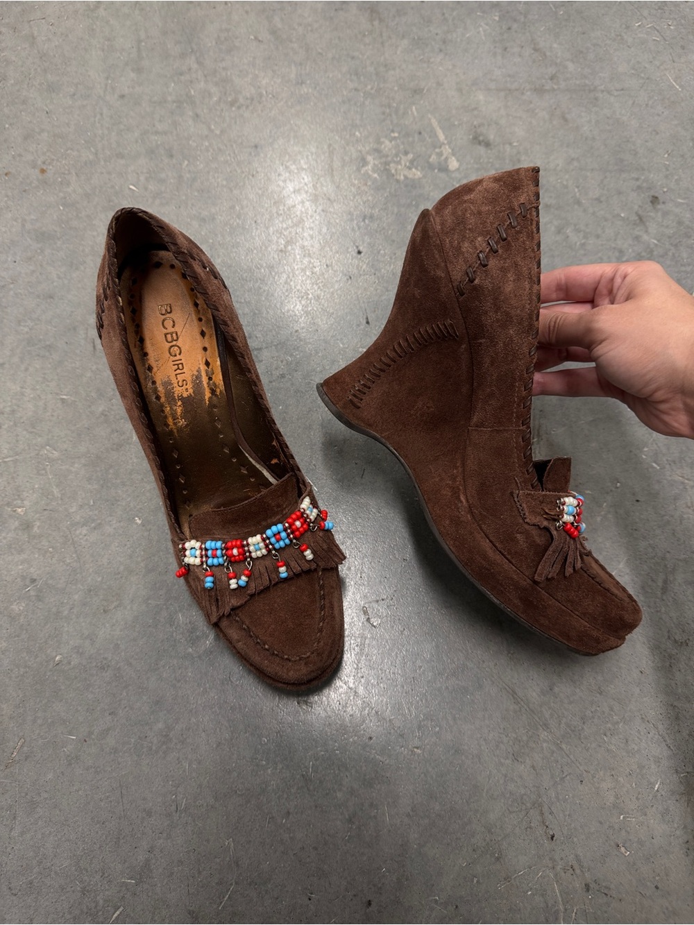 BCBGirls Brown Suede Beaded Wedge Loafers